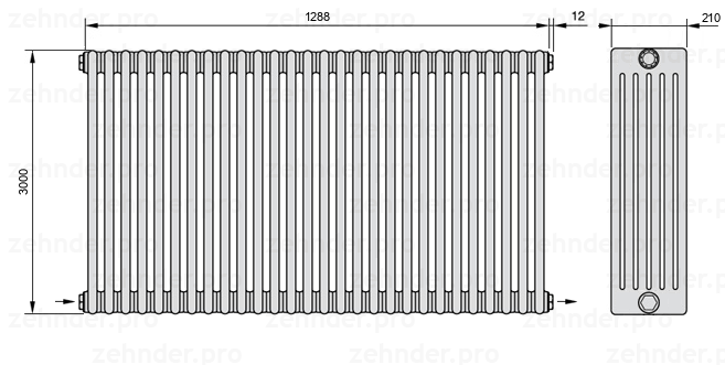 Схема (чертеж) Радиатор Zehnder Charleston 6300/28 №2670 Белый глянцевый RAL 9016